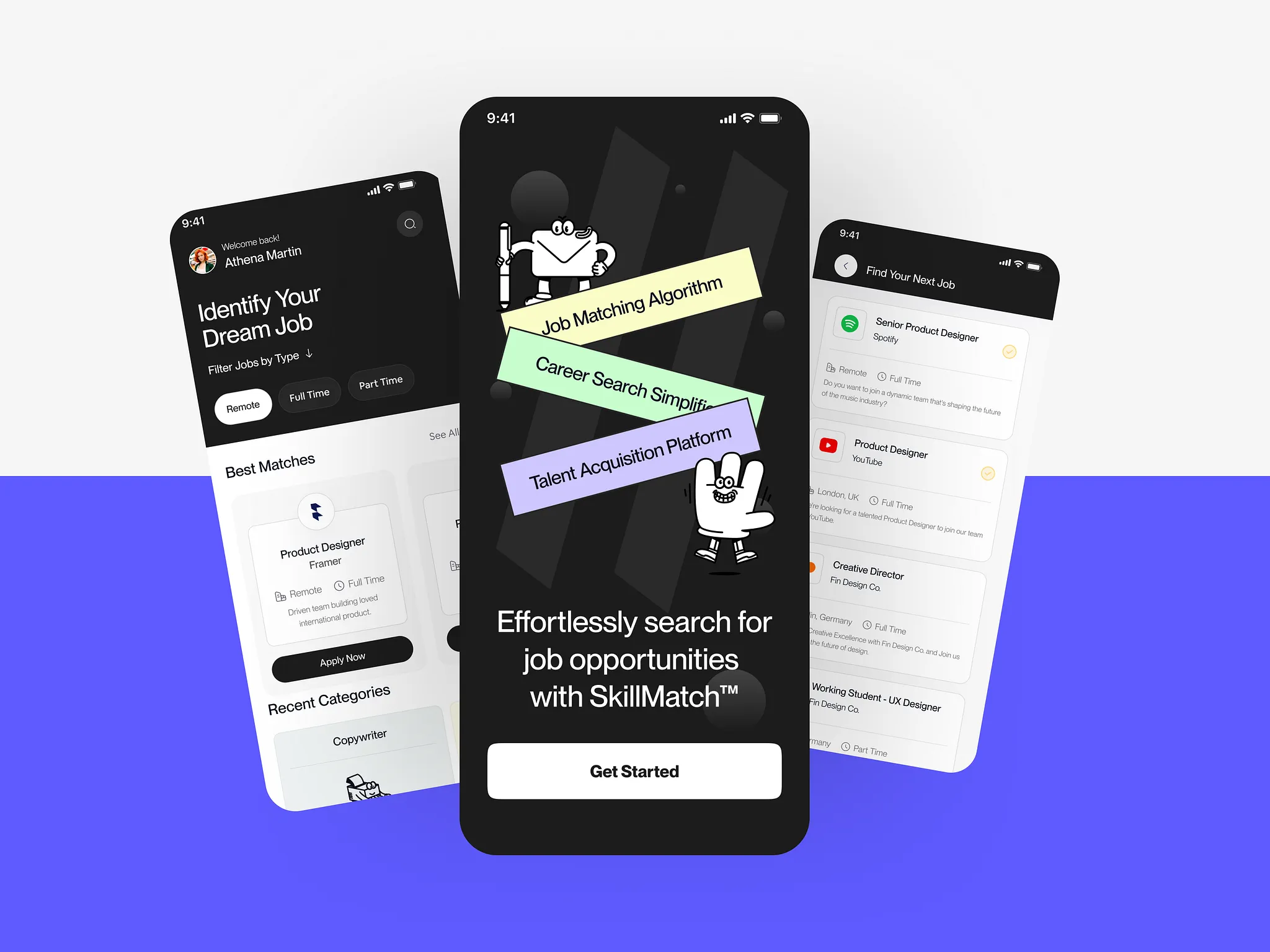 SkillMatch mobile screens for onboarding, job discovery, and job listings
