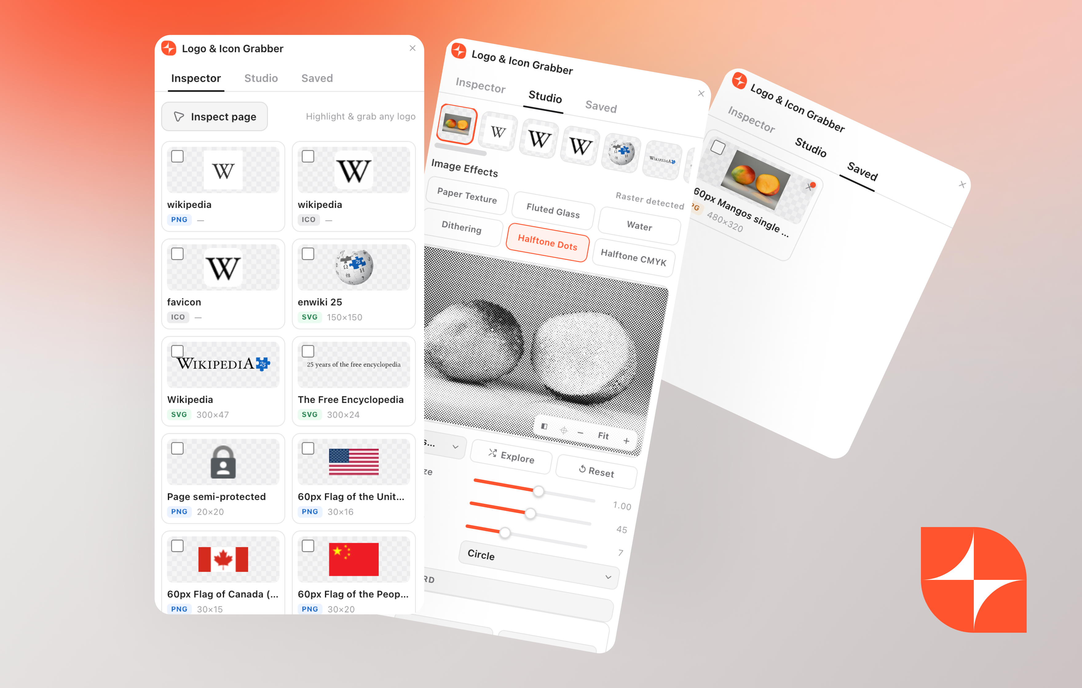 Logo & Icon Grabber showing Inspector, Studio, and Saved views