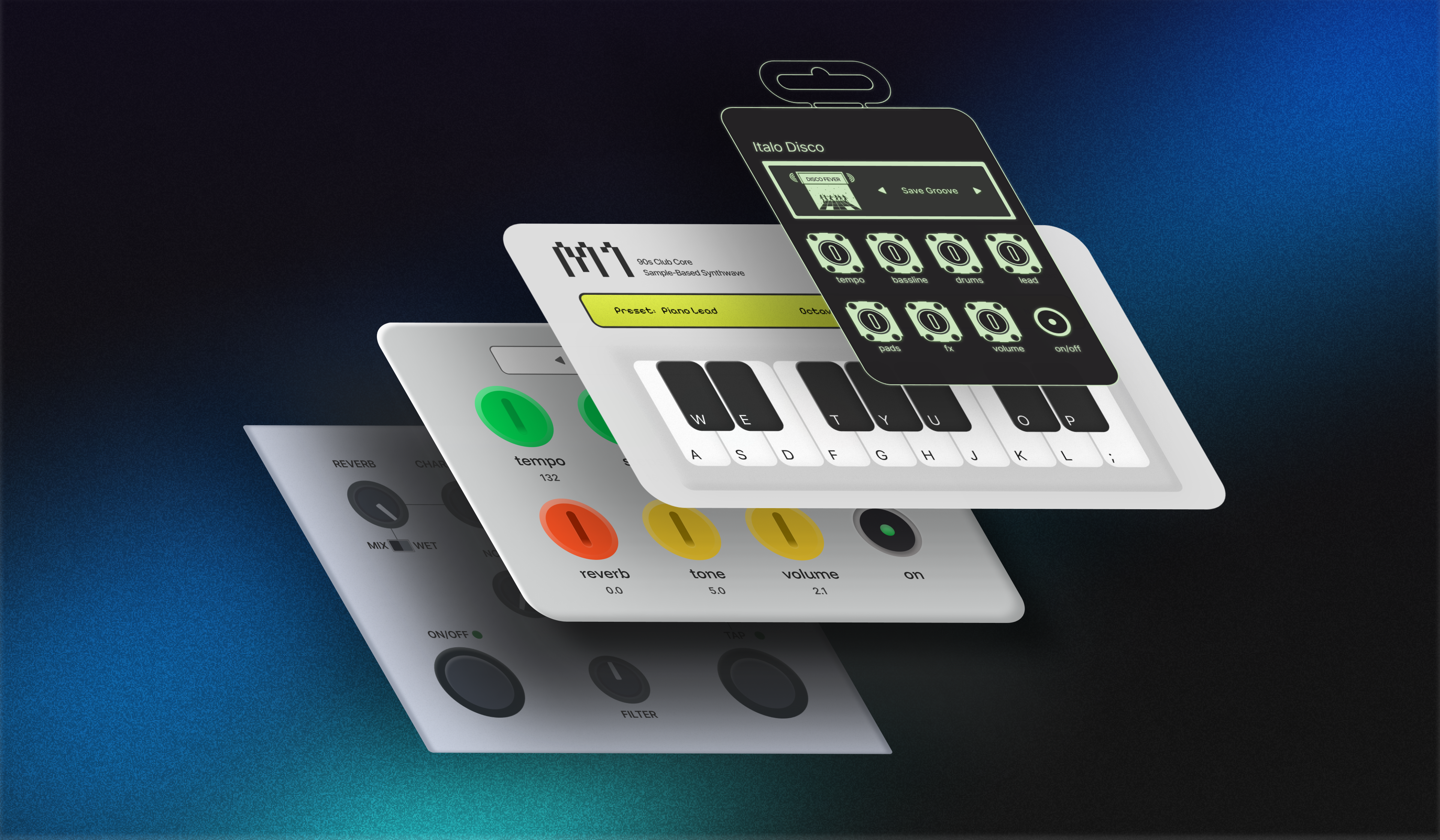 Layered music interfaces with piano keys, sequencer controls, and tactile dials